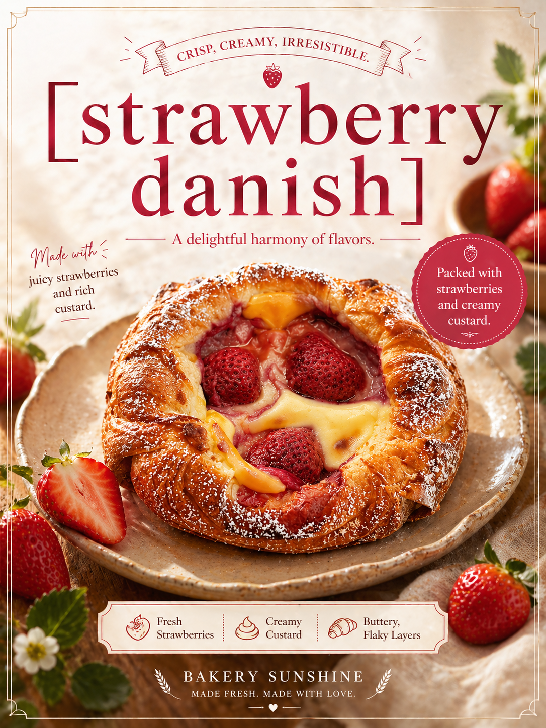 Strawberry danish packed with strawberries and creamy custard